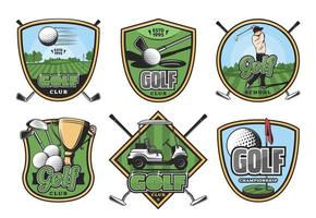 insignia retro de deporte de golf con club, pelota y golfista vector