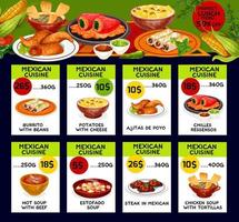 tarjetas de precio de menú vectorial para la cocina mexicana vector