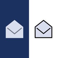 mensaje de correo comercial iconos abiertos plano y conjunto de iconos llenos de línea vector fondo azul