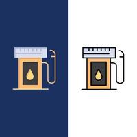 iconos de gota de aceite de la industria de gasolina plano y conjunto de iconos llenos de línea vector fondo azul