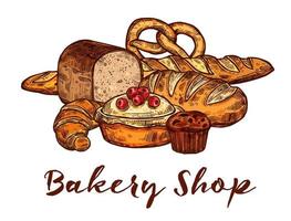 Bakery shop sketch of wheat bread and pastry food vector