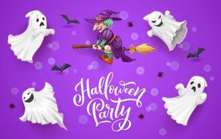 banner de fiesta de halloween con fantasmas voladores, bruja vector