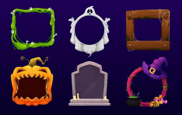 Halloween frame with cartoon ghost, grave, pumpkin