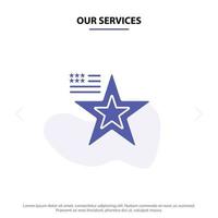 nuestros servicios estrella bandera estadounidense usa glifo sólido icono plantilla de tarjeta web vector