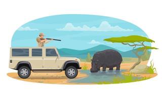 cazador de vectores en safari africano caza de hipopótamos