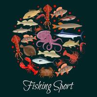 Fishing sport poster with circle of seafood, fish vector