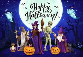 Halloween witch, wizard, mummy cartoon characters vector