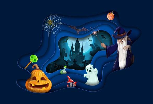 Halloween paper cut cartoon wizard and pumpkin