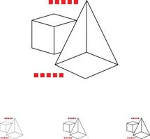 3dmodel 3d caja triángulo negrita y delgada línea negra conjunto de iconos vector