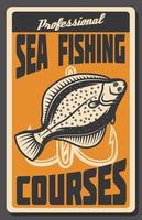 Sea fishing courses retro banner of fish and hook vector