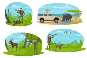 Hunter aiming rifle at animal cartoon icon design vector