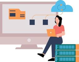 Girl working on cloud data server. vector