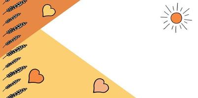 Web background with sun, hearts and wheat. Colors are orange and beige. Vector design