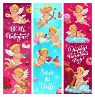 Valentine holiday banners, cupids angels, hearts vector