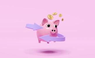 3d pink piggy bank with arrow, dollar coin isolated on pink background. transfer, cashback, saving money, financial business, banking payment, minimal concept, 3d render illustration photo