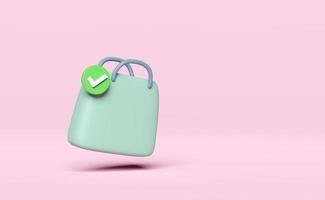 Bolsas de papel de compras verdes mínimas en 3d con marcas de verificación aisladas en fondo rosa. concepto de compras en línea, ilustración de renderizado 3d foto