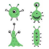 conjunto de gérmenes de garabatos verdes de dibujos animados, virus y bacterias, monstruos. feliz Halloween. lindo personaje de bebé. cabeza divertida cara silueta colorida. diseño para impresión, decoración, logo, emblema o pegatina vector