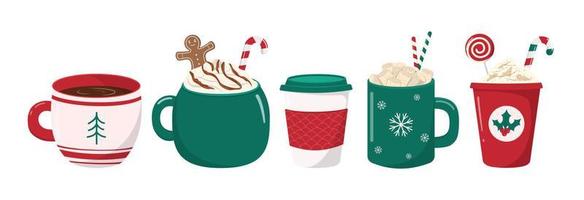 Winter Christmas hot drinks collection. Holiday mugs with coffee, chocolate, and cream. Gingerbread man cookie, candy cane, lollipop, marshmallows. Vector illustration