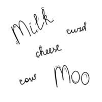 palabras dibujadas a mano leche moo queso vaca cuajada vector