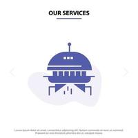 Our Services Astronomy Space Ufo Solid Glyph Icon Web card Template vector