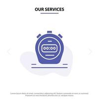 nuestros servicios temporizador cronómetro reloj icono de glifo sólido plantilla de tarjeta web vector