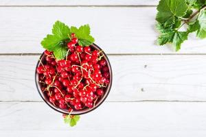 Fresh red currant berries in a bowl on the table. Summer organic food. Top view photo