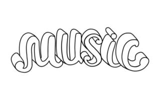 Hand drawn element with music text. Lettering on 90s or Y2k style on white background. Doodle sketch style. Vector sticker. Outline vector illustration