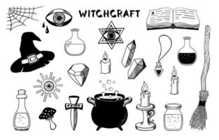 Witchcraft symbols set. Mystic magical hand drawn elements. Witch cauldron, hat, broom, books and other design elements for Halloween. Sketch style. Vector illustration