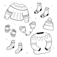 conjunto de ropa acogedora de invierno y otoño en estilo de dibujo lineal negro. lindo sombrero, mitones, suéteres, calcetines y guantes. ilustración vectorial aislado sobre fondo blanco vector