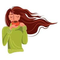 mujer joven en un suéter cálido sostiene una taza de bebida caliente en su mano vector ilustración plana de dibujos animados en estilo moderno. linda chica bebiendo té caliente o café acogedor concepto de invierno, saludo lindo, cartel