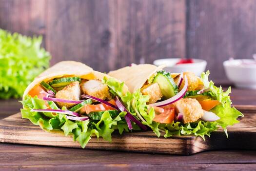 envolturas de tortilla mexicana con pollo y verduras en un tablero sobre la mesa. de cerca foto