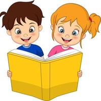 Cute little boy and girl reading a book together vector
