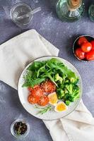 A plate with broccoli, tomato, arugula, boiled egg and sesame seeds on a plate. Top and vertical photo