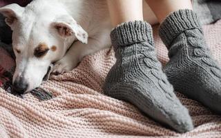 Legs of a young girl in cozy knitted socks photo