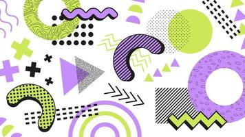 Memphis Elements. Abstract background. Desktop wallpaper. Green and purple colors. vector