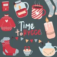 Cozy greeting card template with cozy home things like candles, socks, tea. Time to Hygge. Flat hygge vector illustration.