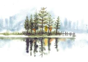 Reflection of  beautiful pine trees with dock in lake watercolor vector