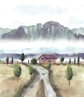 Nature landscape with house and road watercolor