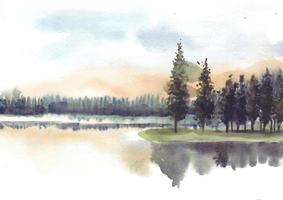 Reflection of pine trees in lake watercolor vector