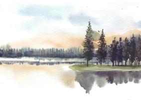 Reflection of pine trees in lake watercolor vector