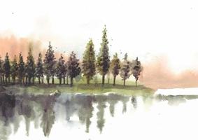 Sunset nature landscape with reflection of pine trees in lake watercolor vector