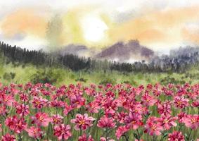 Sunrise nature landscape with beautiful red flowers in watercolor painting