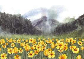 Nature landscape with beautiful yellow flowers watercolor vector