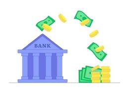 Keeping money in the bank. Receipt of money in a bank account. Coins and banknotes are flying in the air. vector