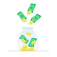 Keeping money in jar. Saving money. Money flying to jar. vector