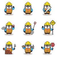 Vector illustration of Penguin character at construction site. Construction workers in various tools.Cartoon Animal characters in hard hat working at building site vector.