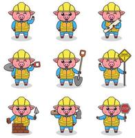 Vector illustration of Pig character at construction site. Construction workers in various tools. Cartoon Pig characters in hard hat working at building site vector.