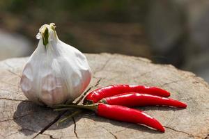 garlic and pepper on a wooden background close-up photo