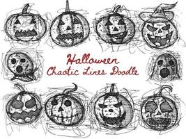 Set of Halloween Evil Pumpkin symbol. Hand drawn doodles. vector