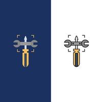 Setting Gear Wrench Screw  Icons Flat and Line Filled Icon Set Vector Blue Background